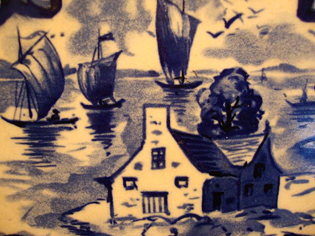 MISC395: Nice USA Tile with Blue & White Sea Side Design ~ Mosaic Tile Company 1920's MISC395: Nice USA Tile with Blue & White Sea Side Design ~ Mosaic Tile Company 1920's