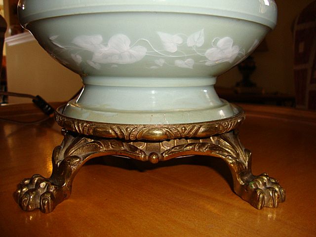Exquisite Pate-Sur-Pate Double Pull Table Lamp ~ Celadon Green~ Ormolu Claw Footed Base Before 1930's Exquisite Pate-Sur-Pate Double Pull Table Lamp ~ Celadon Green~ Ormolu Claw Footed Base Before 1930's