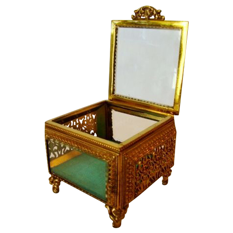 Wonderful Square Glass Jewelry Casket / Box with Beveled Glass ~ Ornate Ormolu Frame ~ 1920's Wonderful Square Glass Jewelry Casket / Box with Beveled Glass ~ Ornate Ormolu Frame ~ 1920's
