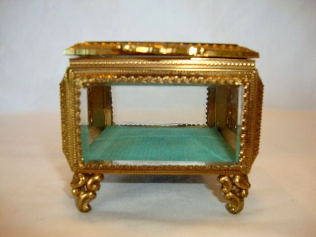 Wonderful Square Glass Jewelry Casket / Box with Beveled Glass ~ Ornate Ormolu Frame ~ 1920's Wonderful Square Glass Jewelry Casket / Box with Beveled Glass ~ Ornate Ormolu Frame ~ 1920's