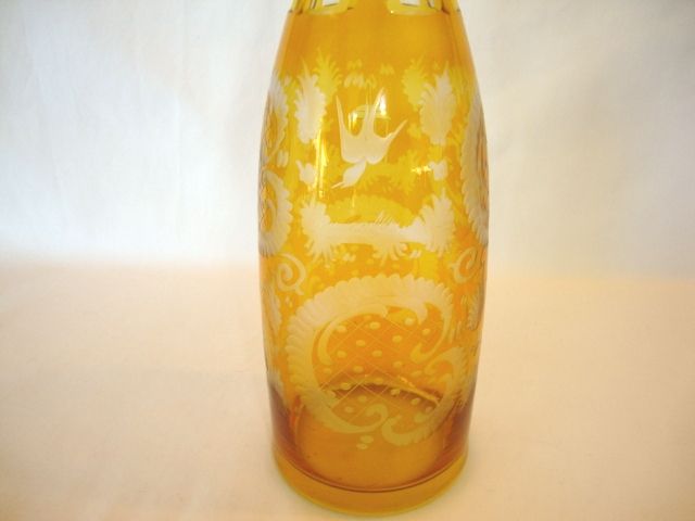 Beautiful Bohemian Glass Decanter ~ Yellow Cut to Clear ~ Bottle Shaped ~ Elk, lattice Work, Fern Designs 1920's Beautiful Bohemian Glass Decanter ~ Yellow Cut to Clear ~ Bottle Shaped ~ Elk, lattice Work, Fern Designs 1920's