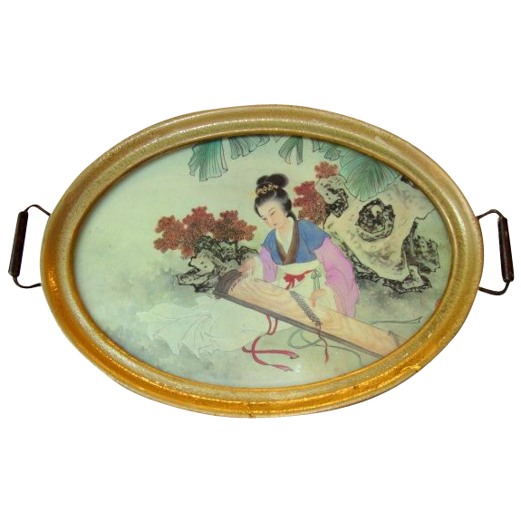 Beautiful 17" Tray with Painting on Silk of Japanese Woman in Kimono playing a Koto Beautiful 17" Tray with Painting on Silk of Japanese Woman in Kimono playing a Koto