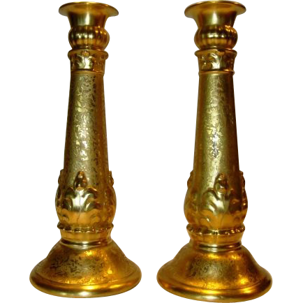 Exquisite Gold ( AOG) 10" Candlesticks ~ German Porcelain ~ Signed M Jones 1926 ~L. HUTSCHENREUTHER (Selb, Bavaria, Germany) - ca 1920s - 1926 Exquisite Gold ( AOG) 10" Candlesticks ~ German Porcelain ~ Signed M Jones 1926 ~L. HUTSCHENREUTHER (Selb, Bavaria, Germany) - ca 1920s - 1926
