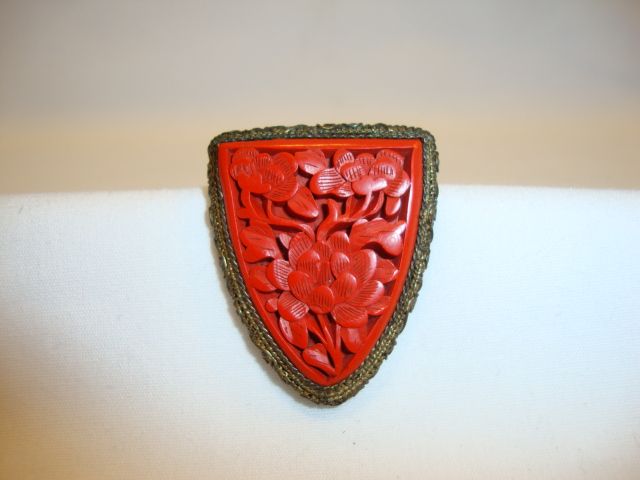 Exquisite Carved Peony Cinnabar Robe Clasp ~ 10 K gold plated~ China Exquisite Carved Peony Cinnabar Robe Clasp ~ 10 K gold plated~ China