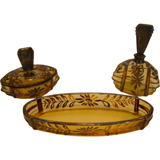 Great Yellow Amber Glass Vanity Set ~ Perfume Bottles, Covered Dish and Tray ~ Silver Overlay Flowers Great Yellow Amber Glass Vanity Set ~ Perfume Bottles, Covered Dish and Tray ~ Silver Overlay Flowers