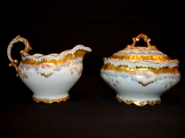 Ornate Limoges Porcelain Creamer And Sugar ~ Blue and Pink Flowers ~ Lewis Strauss & Sons / Mavaleix & Granger Limoges France 1890-1920 Ornate Limoges Porcelain Creamer And Sugar ~ Blue and Pink Flowers ~ Lewis Strauss & Sons / Mavaleix & Granger Limoges France 1890-1920