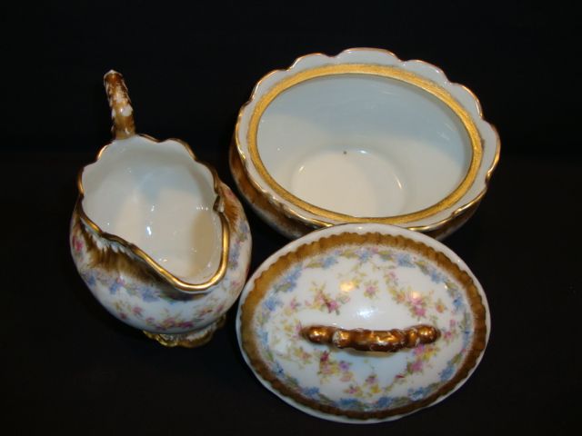 Ornate Limoges Porcelain Creamer And Sugar ~ Blue and Pink Flowers ~ Lewis Strauss & Sons / Mavaleix & Granger Limoges France 1890-1920 Ornate Limoges Porcelain Creamer And Sugar ~ Blue and Pink Flowers ~ Lewis Strauss & Sons / Mavaleix & Granger Limoges France 1890-1920