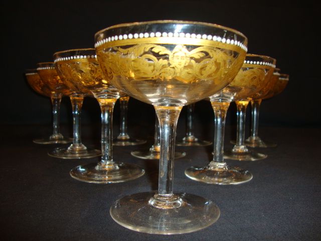 Unique Hand Blown Venetian / Murano 6 OZ Low Sherbet / Champagne Glasses ~ Set of 10 ~ Gold Designs with White Enamel Beads Unique Hand Blown Venetian / Murano 6 OZ Low Sherbet / Champagne Glasses ~ Set of 10 ~ Gold Designs with White Enamel Beads