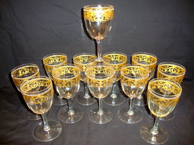 Set of 12 ~Unique Hand Blown Venetian / Murano 8 OZ Wine / Cocktail Glasses ~ Gold Designs with White Enamel Beads Set of 12 ~Unique Hand Blown Venetian / Murano 8 OZ Wine / Cocktail Glasses ~ Gold Designs with White Enamel Beads