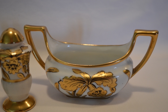 China Condiment Set ~ Creamer / Sugar / Salt & Pepper ~ Hand Painted with Gold Orchids ~ Artist Signed ~ J. H. Stouffer 1938-1946 China Condiment Set ~ Creamer / Sugar / Salt & Pepper ~ Hand Painted with Gold Orchids ~ Artist Signed ~ J. H. Stouffer 1938-1946