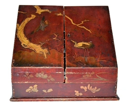 Gorgeous Red Lacquer Letter Box with Drawer and Letter slots ~ lovely Cranes and Flowers ~Late 1800's / Early 1900's Gorgeous Red Lacquer Letter Box with Drawer and Letter slots ~ lovely Cranes and Flowers ~Late 1800's / Early 1900's