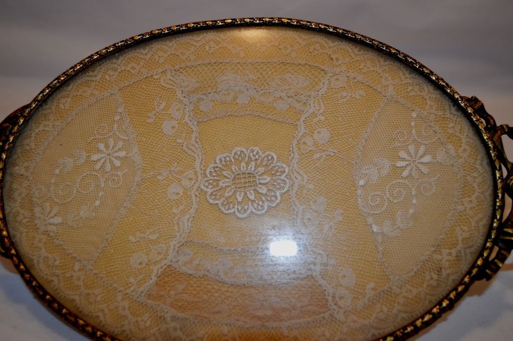 Wonderful 20" French Hand Held Beveled Bronze Mirror with Lace back ~ France Stamped Wonderful 20" French Hand Held Beveled Bronze Mirror with Lace back ~ France Stamped