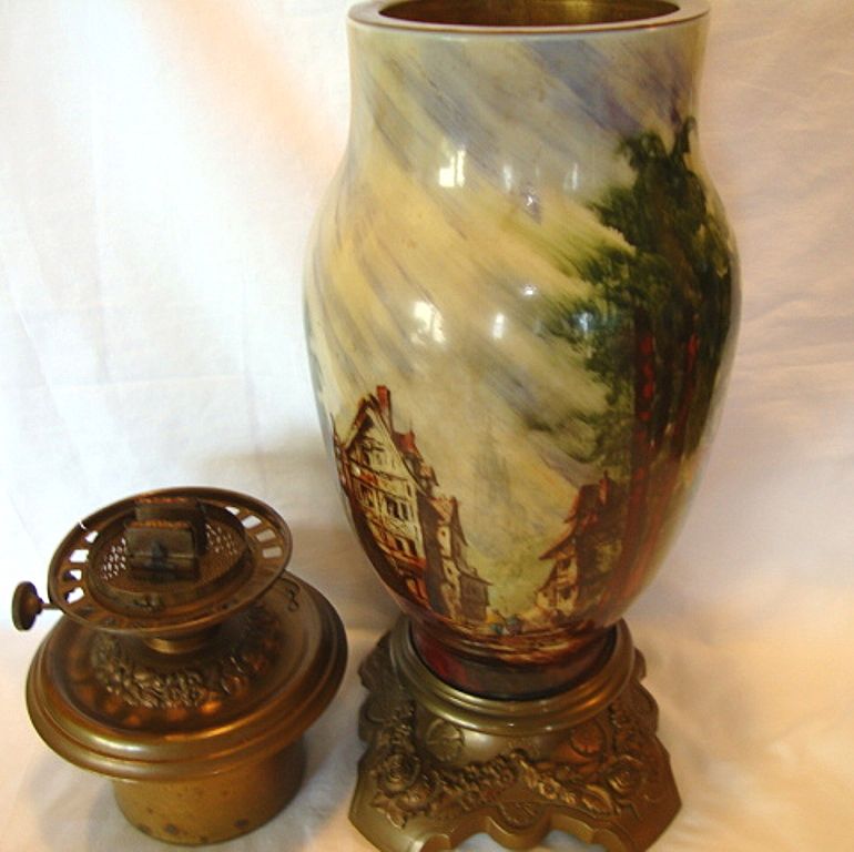 Rare Baccarat French Glass Lamp 19" Tall ~ Hand Painted with French Village Scene ~ Signed Baccarat ~ France 1850's ~ 1880's Rare Baccarat French Glass Lamp 19" Tall ~ Hand Painted with French Village Scene ~ Signed Baccarat ~ France 1850's ~ 1880's