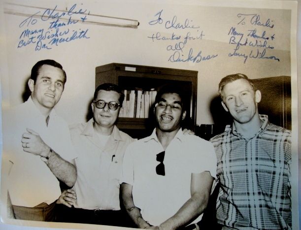 Photo of 1967 NFL Stars, Armed Forces USO Tour. Autographed by Don Meredith, Dick Bass and Larry Wilson. B&W 8x10 Original. Photo of 1967 NFL Stars, Armed Forces USO Tour. Autographed by Don Meredith, Dick Bass and Larry Wilson. B&W 8x10 Original.