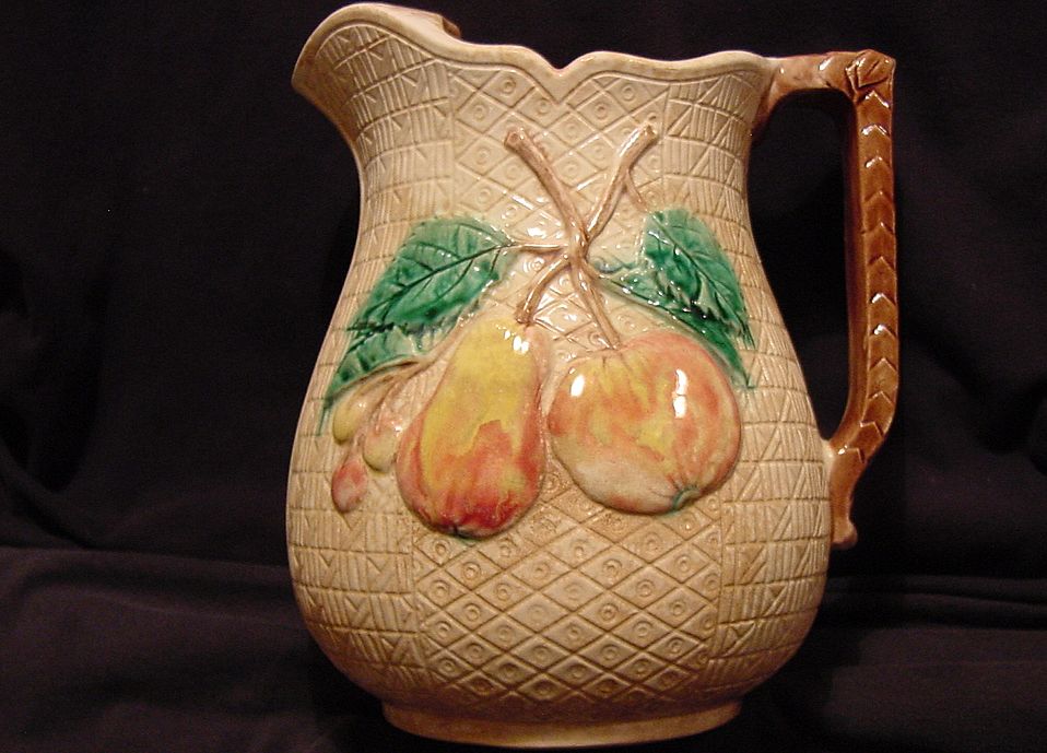 Magnificent Large 8 3/4'' Majolica Water Pitcher ~ Decorated with Grapes, Apple, Pear and Cherries Magnificent Large 8 3/4'' Majolica Water Pitcher ~ Decorated with Grapes, Apple, Pear and Cherries