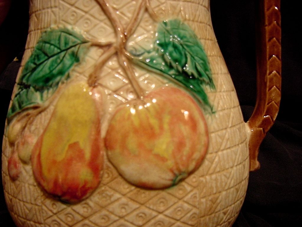Magnificent Large 8 3/4'' Majolica Water Pitcher ~ Decorated with Grapes, Apple, Pear and Cherries Magnificent Large 8 3/4'' Majolica Water Pitcher ~ Decorated with Grapes, Apple, Pear and Cherries