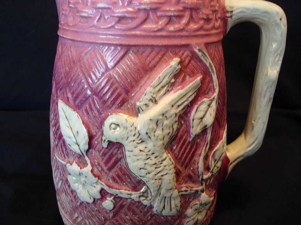 Wonderful Old Majolica Pitcher (Over 7'' High!!) Mauve with Cream Bird and Flowers Wonderful Old Majolica Pitcher (Over 7'' High!!) Mauve with Cream Bird and Flowers