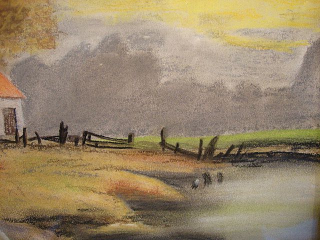 Beautiful Original Pastel Chalk Picture of House with Mountains and Lake ~ Signed U. Wilbanks 1900's Beautiful Original Pastel Chalk Picture of House with Mountains and Lake ~ Signed U. Wilbanks 1900's