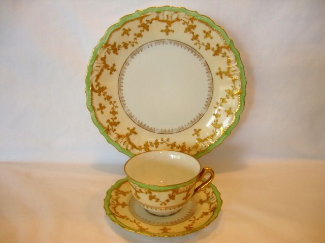 Elegant Limoges Porcelain Trio of Cup, Saucer & Plate ~ Hand Painted with Raised Gold & Sea Foam Green Edge~ Coiffe / Blakeman Henderson Limoges France 1890-1910 Elegant Limoges Porcelain Trio of Cup, Saucer & Plate ~ Hand Painted with Raised Gold & Sea Foam Green Edge~ Coiffe / Blakeman Henderson Limoges France 1890-1910