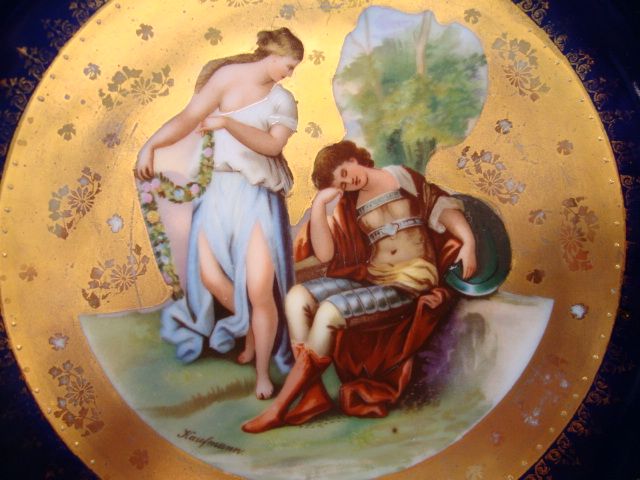 Nice 10" Porcelain Cabinet Plate ~ Angelica Kaufmann ~ Transfer on Cobalt and Gold ~ VICTORIA PORCELAIN - SCHMIDT & CO. Bohemia - ca 1891 - 1918 Nice 10" Porcelain Cabinet Plate ~ Angelica Kaufmann ~ Transfer on Cobalt and Gold ~ VICTORIA PORCELAIN - SCHMIDT & CO. Bohemia - ca 1891 - 1918