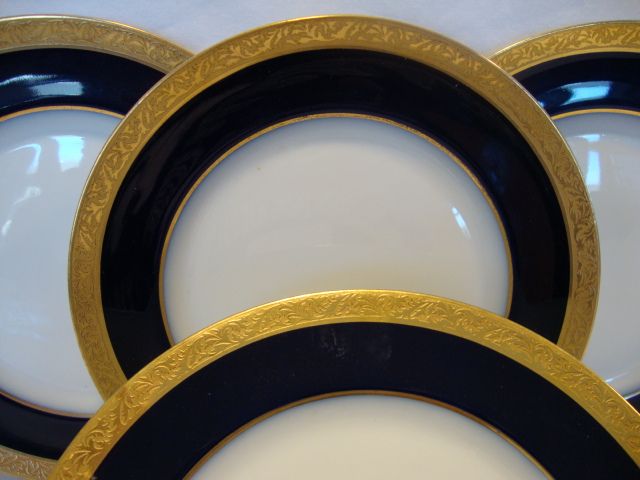 Set of 4 Gorgeous Limoges Porcelain 8 5/8" Plate Set ~ Cobalt Blue ~ Gold Encrusted Rim ~ M Redon & PL Limoges, France 1905-1930. Set of 4 Gorgeous Limoges Porcelain 8 5/8" Plate Set ~ Cobalt Blue ~ Gold Encrusted Rim ~ M Redon & PL Limoges, France 1905-1930.