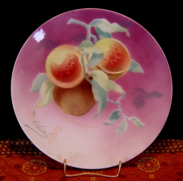 Majolica Cabinet Plaque / Plate with Gorgeous Peaches ~ Signed Obert ~ KELLER & GUERIN - ERNEST BUSSIERE (Nancy, France) - ca. 1890s - 1930s Majolica Cabinet Plaque / Plate with Gorgeous Peaches ~ Signed Obert ~ KELLER & GUERIN - ERNEST BUSSIERE (Nancy, France) - ca. 1890s - 1930s