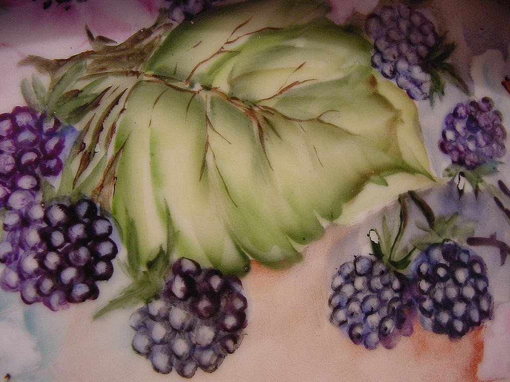 Exquisite 12" Porcelain Charger Framed ~ Hand Painted with Blackberries, White Flowers & Wild Pink Roses ~ Artist Signed ~ Unmarked Exquisite 12" Porcelain Charger Framed ~ Hand Painted with Blackberries, White Flowers & Wild Pink Roses ~ Artist Signed ~ Unmarked