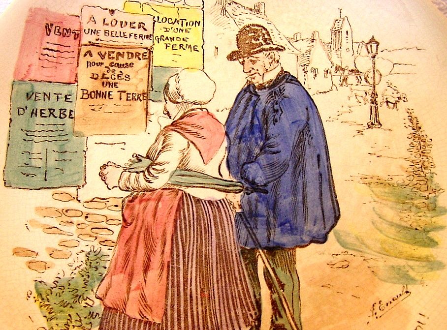 Neat French Plate with Transfer of Older Couple Reading Signs ~ UTZCHNEIDER & CO (Sarreguemines, France) - ca 1910s - 1930s Neat French Plate with Transfer of Older Couple Reading Signs ~ UTZCHNEIDER & CO (Sarreguemines, France) - ca 1910s - 1930s