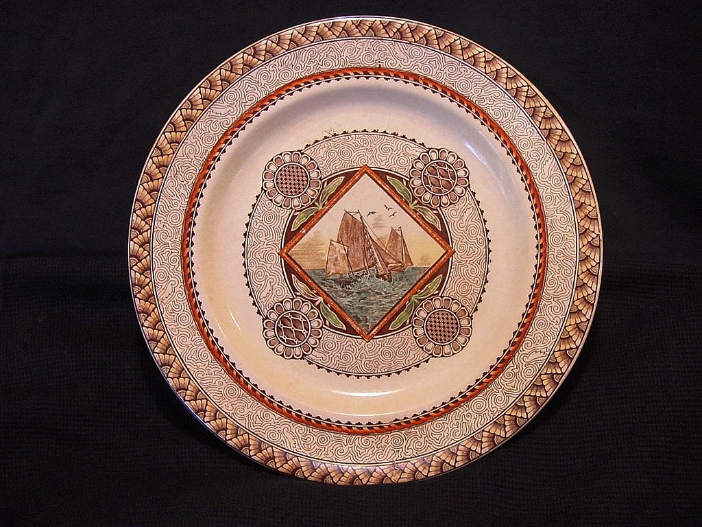 Awesome English Aesthetic Transferware ~ Pattern " Wisconsin" with Sailboat ~ Brownfield & Sons 1871-1891 Awesome English Aesthetic Transferware ~ Pattern " Wisconsin" with Sailboat ~ Brownfield & Sons 1871-1891
