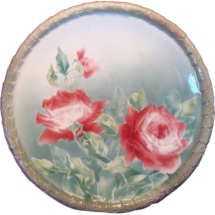 Colorful French Majolica Faience 14 1/2 " Charger With Dark Pink Roses ~ Keller & Guerin, France 1890-1930 Colorful French Majolica Faience 14 1/2 " Charger With Dark Pink Roses ~ Keller & Guerin, France 1890-1930
