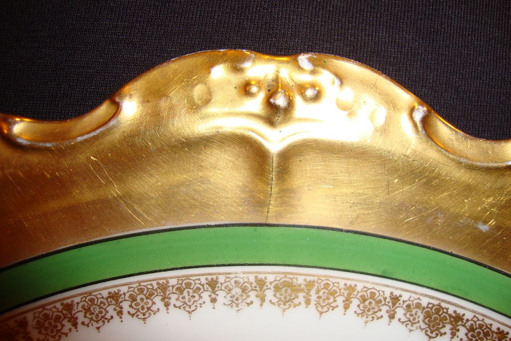Wonderful Limoges Porcelain 12" Charger ~ Gold Rococo rim with Green Band & Snowflake Medallion ~ Coiffe / Blakeman & Henderson ( B & H )1891-1914 Wonderful Limoges Porcelain 12" Charger ~ Gold Rococo rim with Green Band & Snowflake Medallion ~ Coiffe / Blakeman & Henderson ( B & H )1891-1914