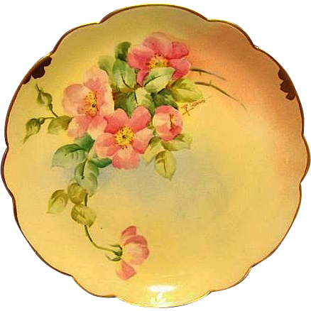 Amazing Bavarian Porcelain Cabinet Plate ~ Hand Painted by Pickard Artist " Florence James " with Pink Roses ~ Rosenthal Bavaria/ Pickard 1905-1910 Amazing Bavarian Porcelain Cabinet Plate ~ Hand Painted by Pickard Artist " Florence James " with Pink Roses ~ Rosenthal Bavaria/ Pickard 1905-1910