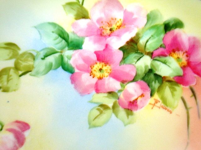 Amazing Bavarian Porcelain Cabinet Plate ~ Hand Painted by Pickard Artist " Florence James " with Pink Roses ~ Rosenthal Bavaria/ Pickard 1905-1910 Amazing Bavarian Porcelain Cabinet Plate ~ Hand Painted by Pickard Artist " Florence James " with Pink Roses ~ Rosenthal Bavaria/ Pickard 1905-1910
