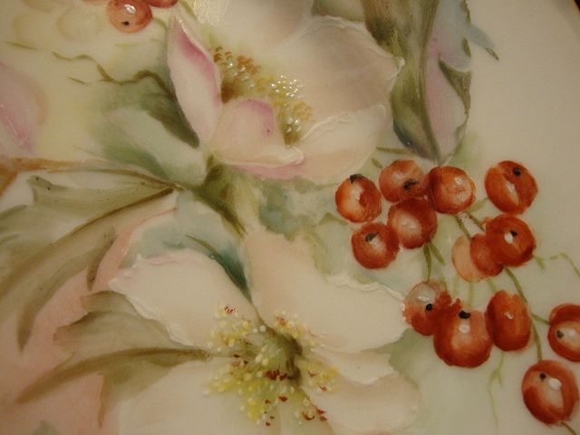 Charming Limoges Porcelain Cabinet Plate ~ White Pink Flowers with Red Holly berries ~ Haviland & Co 1888-1896 Charming Limoges Porcelain Cabinet Plate ~ White Pink Flowers with Red Holly berries ~ Haviland & Co 1888-1896