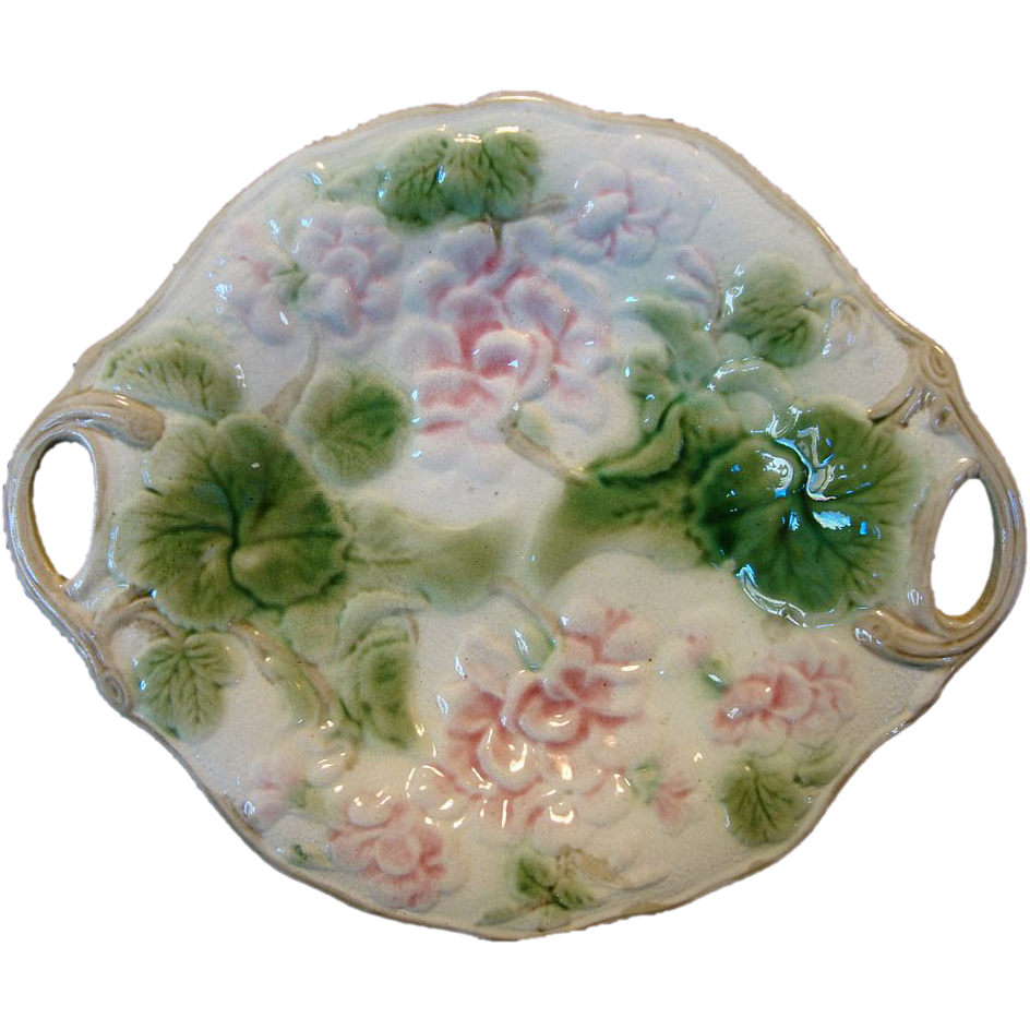 Beautiful Majolica Double Handled 11 1/2'' Tray / Platter with Pink / Purple Geraniums ~ Attributed to Griffen, Smith, Hill Etruscan ca 1880's Beautiful Majolica Double Handled 11 1/2'' Tray / Platter with Pink / Purple Geraniums ~ Attributed to Griffen, Smith, Hill Etruscan ca 1880's
