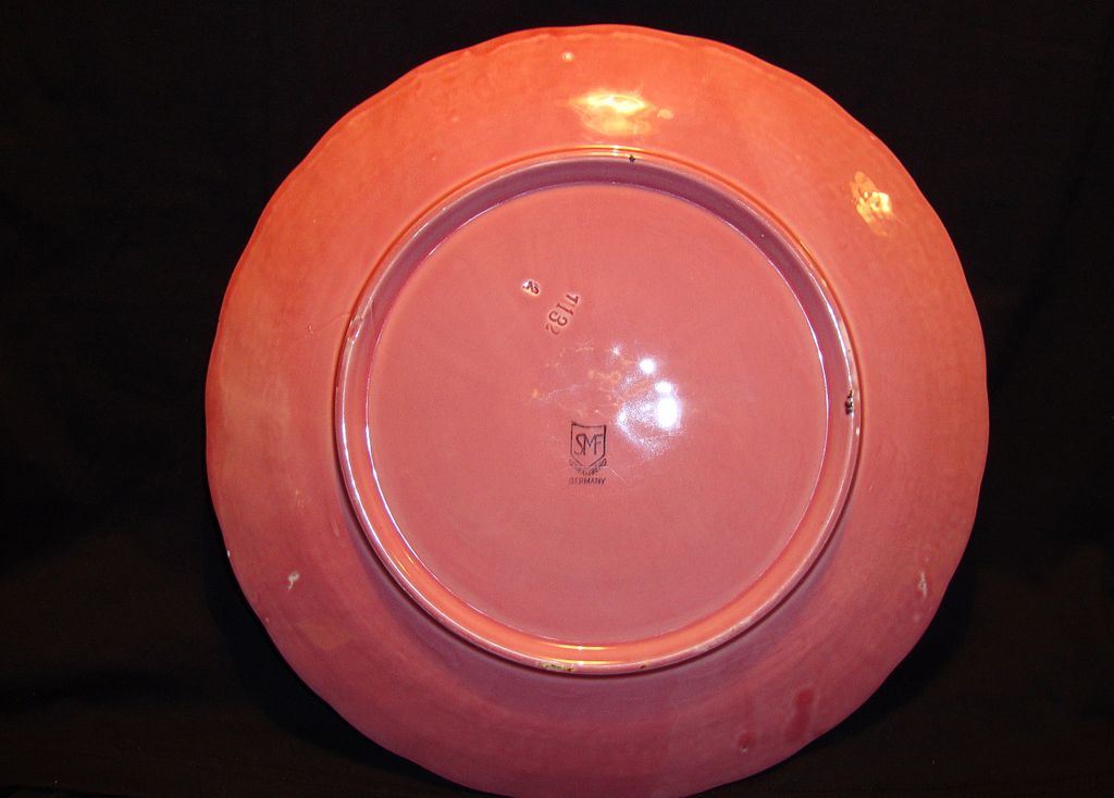 Colorful 12" German Majolica Charger ~ Pink with Green Lily of the Valley ~ Schramberg Germany 1928-1945 Colorful 12" German Majolica Charger ~ Pink with Green Lily of the Valley ~ Schramberg Germany 1928-1945