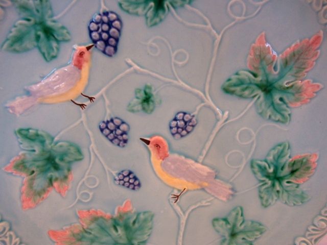 Great 11 ¼" German Majolica Turquoise Platter~ Birds, grapes and Leaves ~ MBD Highmount Western Germany 1920's Great 11 ¼" German Majolica Turquoise Platter~ Birds, grapes and Leaves ~ MBD Highmount Western Germany 1920's