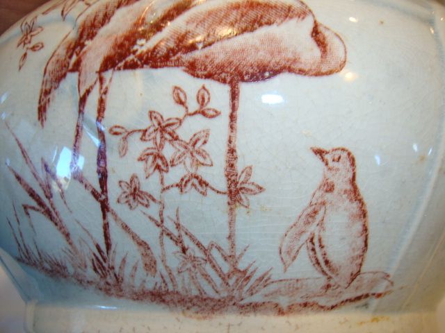 Great Earthenware Chamber Pot ~ Brown Transfer of Birds & Foliage ~ late 1800's – early 1900's Great Earthenware Chamber Pot ~ Brown Transfer of Birds & Foliage ~ late 1800's – early 1900's