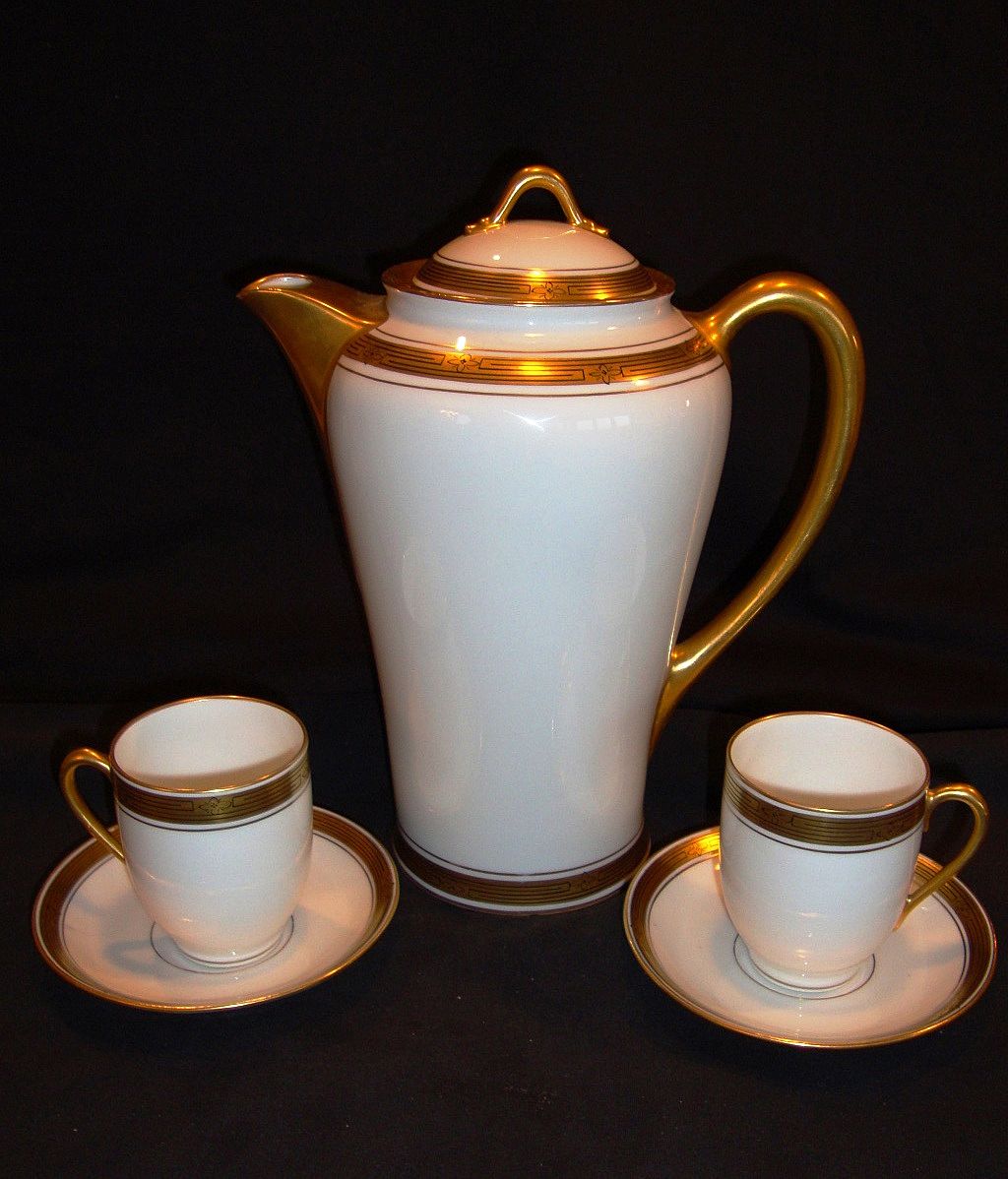 Elegant Pickard Decorated Porcelain Chocolate Pot with 2 Matching Cups and Saucers ~ Hand Painted with Gold and Black Geometric Design ~ Pickard Studios Chicago IL 1912-1919 Elegant Pickard Decorated Porcelain Chocolate Pot with 2 Matching Cups and Saucers ~ Hand Painted with Gold and Black Geometric Design ~ Pickard Studios Chicago IL 1912-1919