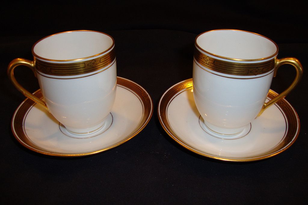 Elegant Pickard Decorated Porcelain Chocolate Pot with 2 Matching Cups and Saucers ~ Hand Painted with Gold and Black Geometric Design ~ Pickard Studios Chicago IL 1912-1919 Elegant Pickard Decorated Porcelain Chocolate Pot with 2 Matching Cups and Saucers ~ Hand Painted with Gold and Black Geometric Design ~ Pickard Studios Chicago IL 1912-1919