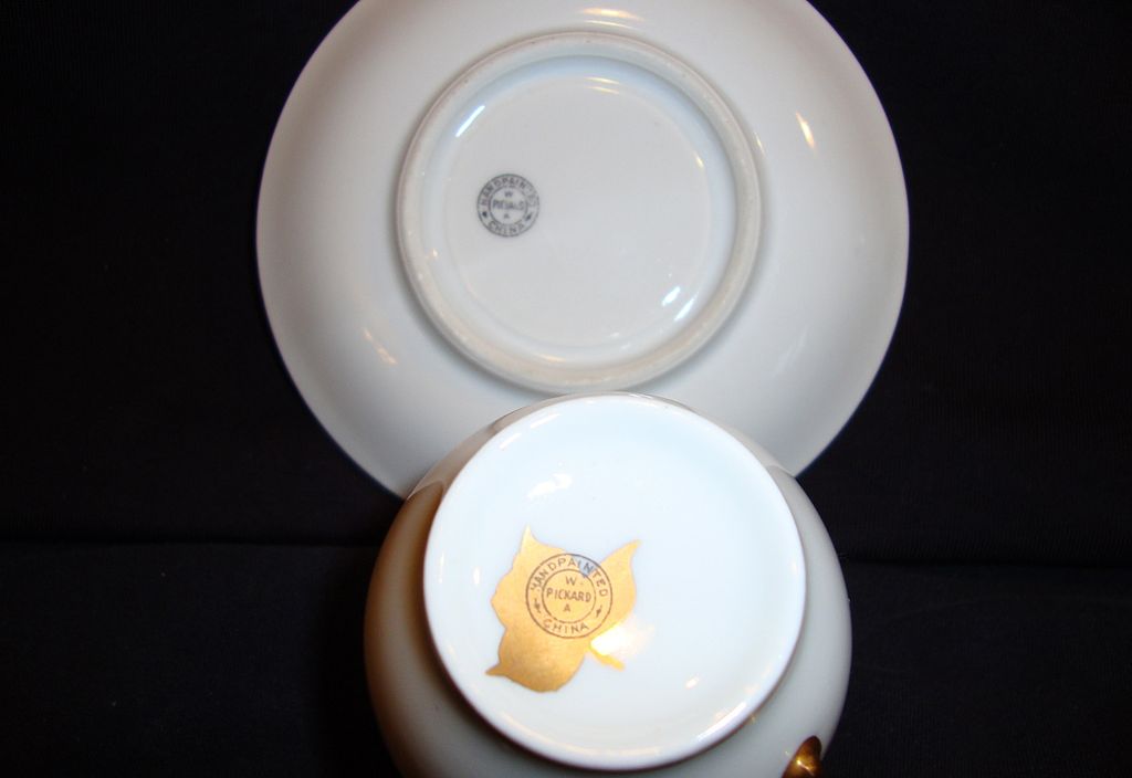 Elegant Pickard Decorated Porcelain Chocolate Pot with 2 Matching Cups and Saucers ~ Hand Painted with Gold and Black Geometric Design ~ Pickard Studios Chicago IL 1912-1919 Elegant Pickard Decorated Porcelain Chocolate Pot with 2 Matching Cups and Saucers ~ Hand Painted with Gold and Black Geometric Design ~ Pickard Studios Chicago IL 1912-1919