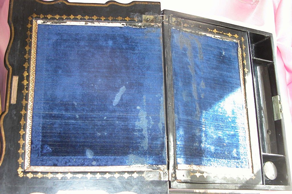 Antique French Writing Desk Papier Mache & MOP Inlay w/ Inkwell Antique French Writing Desk Papier Mache & MOP Inlay w/ Inkwell