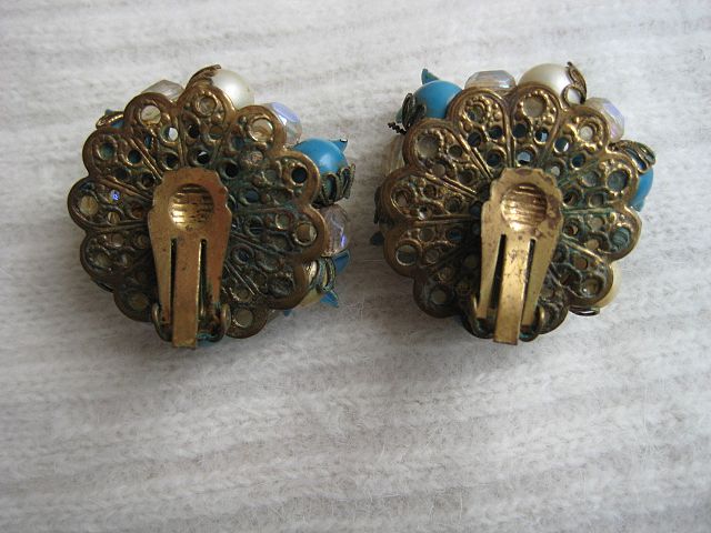 Ornate Blue Enamel White Faux Pearl Earrings Ornate Blue Enamel White Faux Pearl Earrings