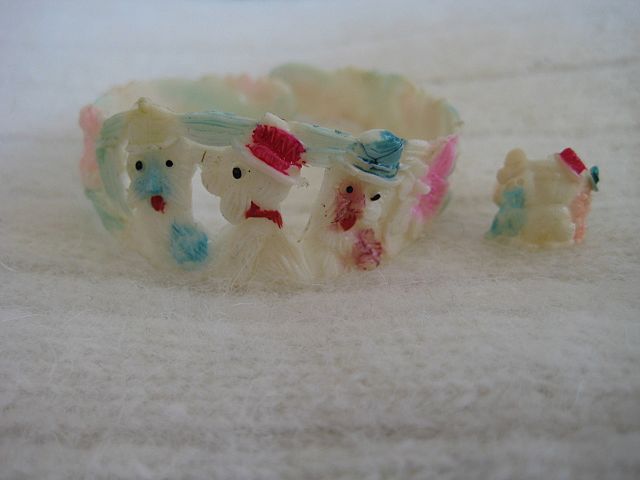 Three Piece Child's Celluloid Doggie Bracelet Ring and Pin Three Piece Child's Celluloid Doggie Bracelet Ring and Pin