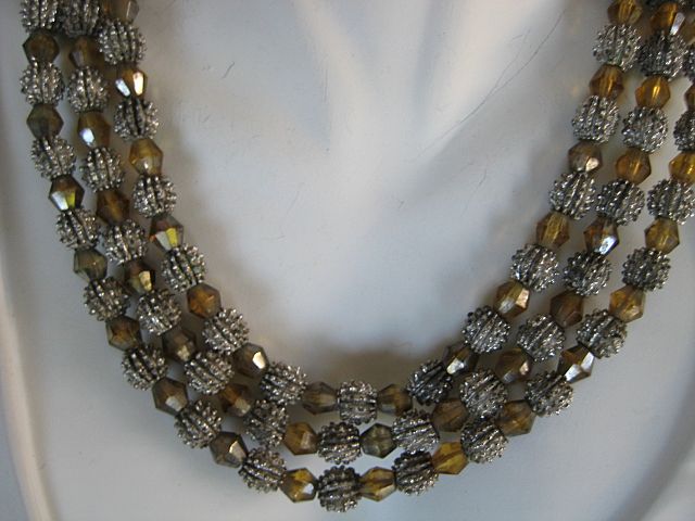 Trifari Three Strand Silvertone Golden Beaded Necklace Trifari Three Strand Silvertone Golden Beaded Necklace