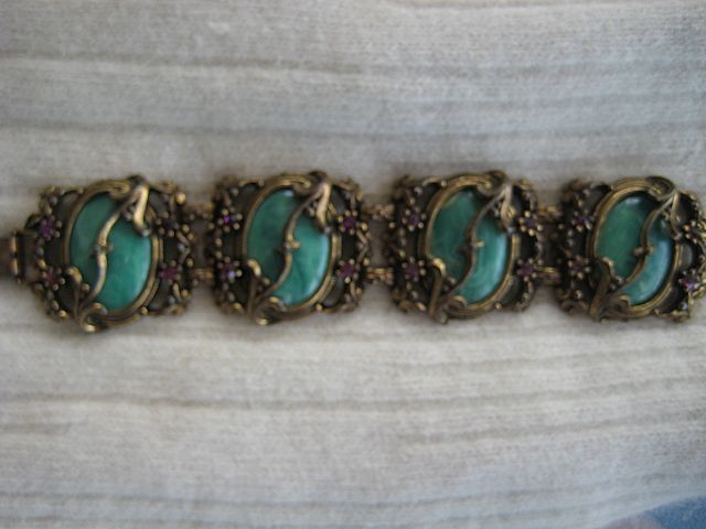 Ornate Wide Green Bracelet Purple Rhinestones Ornate Wide Green Bracelet Purple Rhinestones
