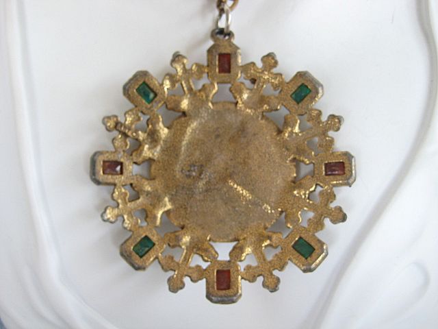 Signed Art Fleur de Lis Medallion Necklace with Simulated Pearls and Stones Signed Art Fleur de Lis Medallion Necklace with Simulated Pearls and Stones