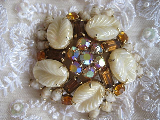 Weiss Topaz-Colored Rhinestone Frosted Celluloid AB Brooch Weiss Topaz-Colored Rhinestone Frosted Celluloid AB Brooch