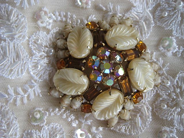 Weiss Topaz-Colored Rhinestone Frosted Celluloid AB Brooch Weiss Topaz-Colored Rhinestone Frosted Celluloid AB Brooch