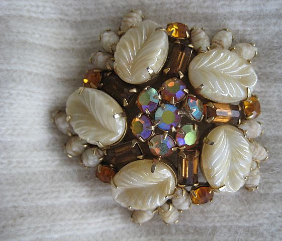 Weiss Topaz-Colored Rhinestone Frosted Celluloid AB Brooch Weiss Topaz-Colored Rhinestone Frosted Celluloid AB Brooch